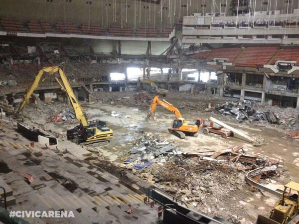 An interior photo of the Civic Arena following demolition. 