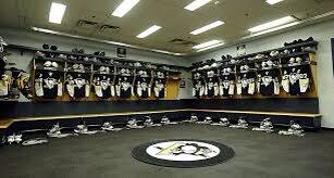 Photo of the old Pittsburgh Penguins locker room at Civic Arena. 