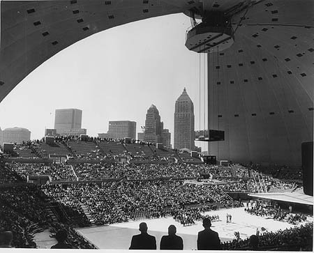 A rare photo of the Civic Arena roof open during a Pittsburgh Penguins game.
