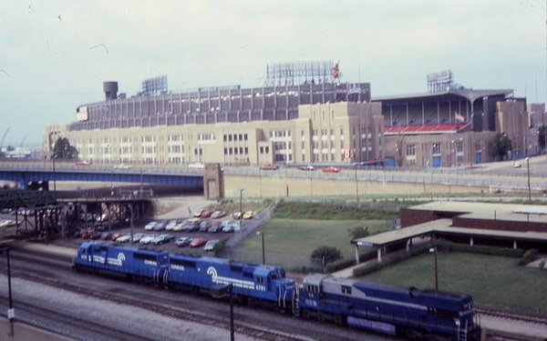 An exterior photo of Cleveland Municipal Stadium from the railroad tracks. 