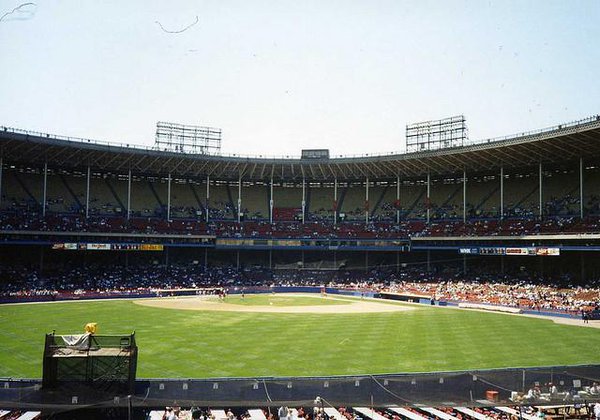 View of the playing field from the outfield of Cleveland Municipal Stadium. 