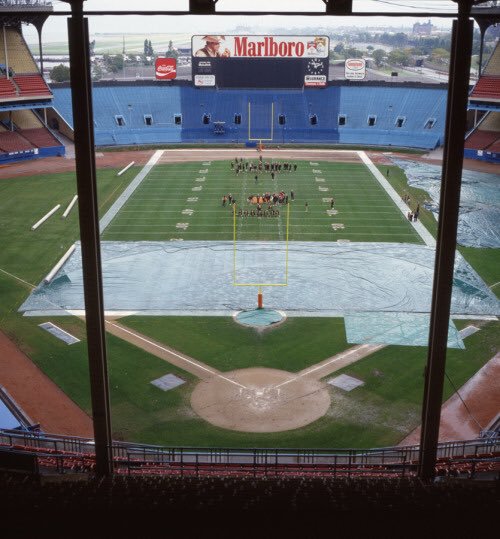 A view of the playing field from the Cleveland Municipal Stadium press box.