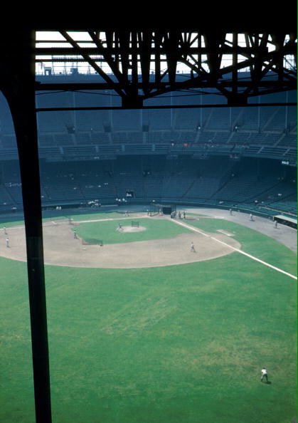 An obstructed view of the playing field at Cleveland Municipal Stadium from the outfield of the upper level.
