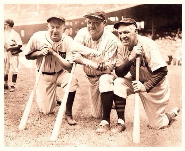 Black and white photo of legendary baseball players. From left to right: Ty Cobb (Tigers), Babe Ruth (Yankees) and Tris Speaker (Indians). 