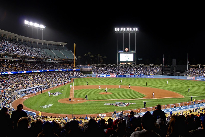 Photo taken from the field level seats at Dodger Stadium during a Los Angeles Dodgers home game.