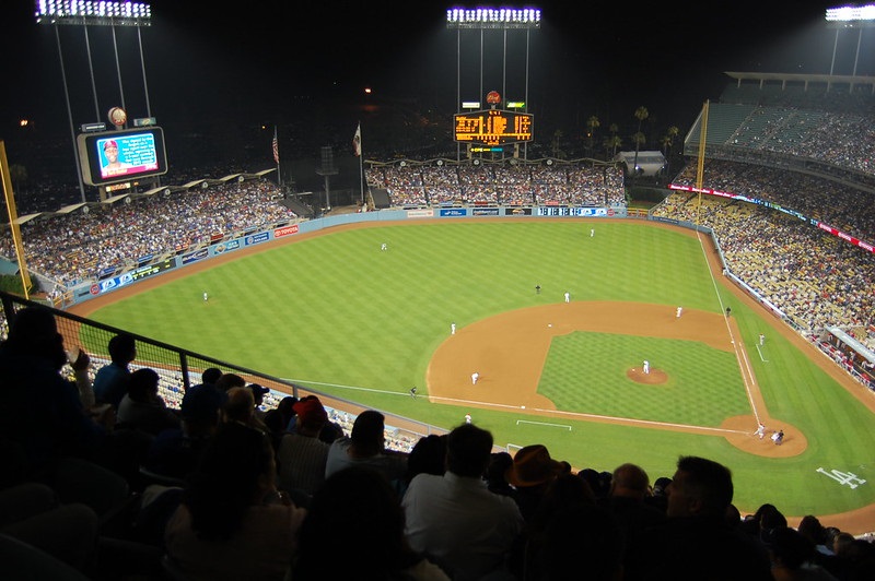 Photo taken from the top deck level at Dodger Stadium during a Los Angeles Dodgers home game.