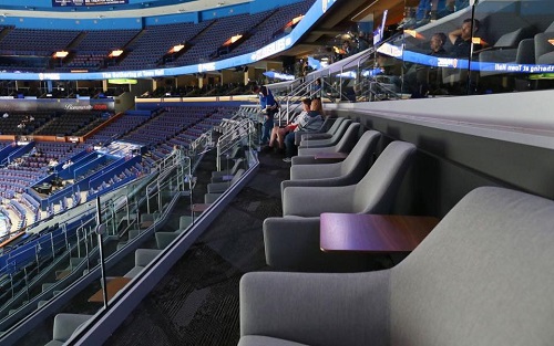 View of the Bull and Bear theater box seats at the Enterprise Center during a St. Louis Blues game.