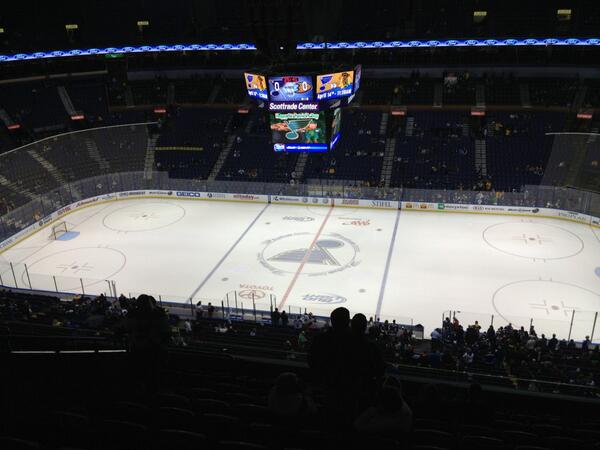 View from the mezzanine level seats at the Enterprise Center during a St. Louis Blues game.