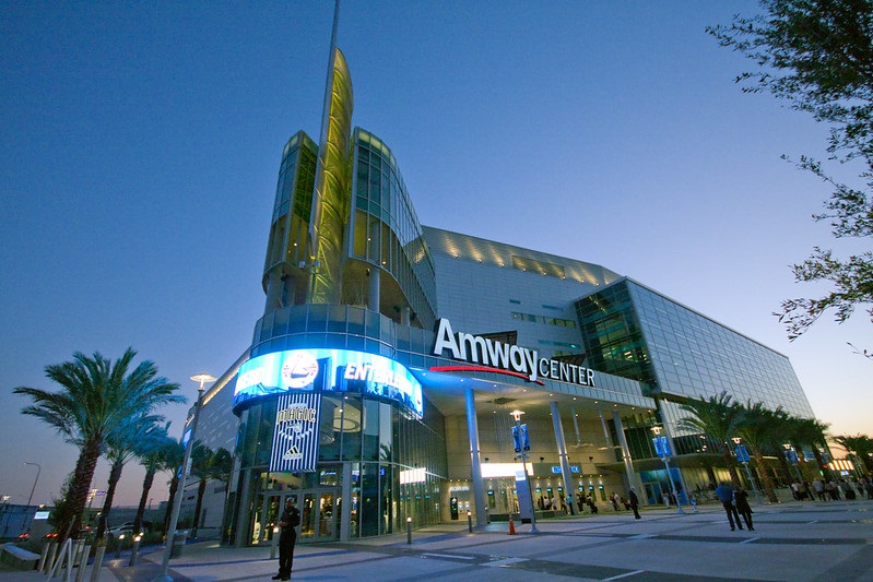 Exterior photo of the Amway Center in Orlando, Florida. Home of the Orlando Magic.