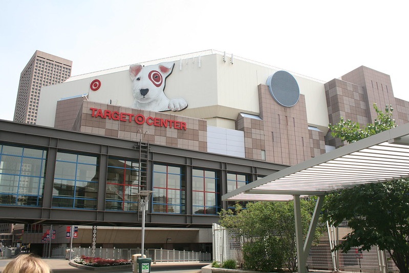 Exterior photo of the Target Center. Home of the Minnesota Timberwolves.