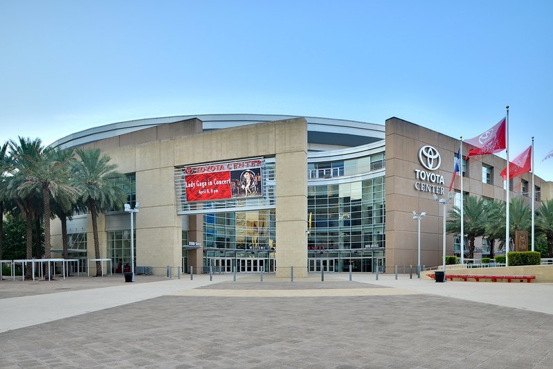 Exterior photo of the Toyota Center. Home of the Houston Rockets.