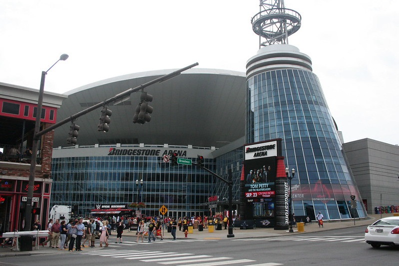 Exterior photo of Bridgestone Arena in downtown Nashville, Tennessee.