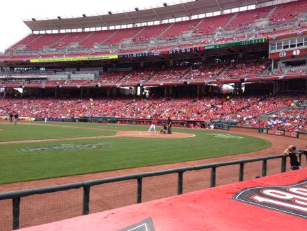 Photo of the field at Great American Ball Park from the dugout boxes.