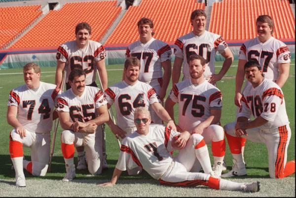 Photo of Bengals Quarterback Boomer Esiason and his Offensive Lineman. Media Day - Super Bowl XXIII.