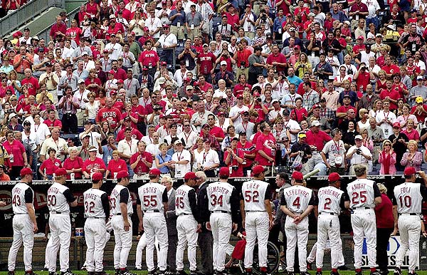 Photo of the National Anthem during the last Cincinnati Reds home game at Riverfront Stadium. 