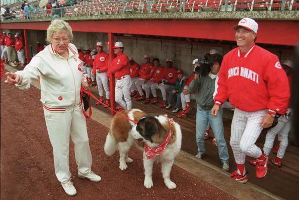 Cincinnati Reds Owner Marge Schott with her dog and team mascot "Schottzie".