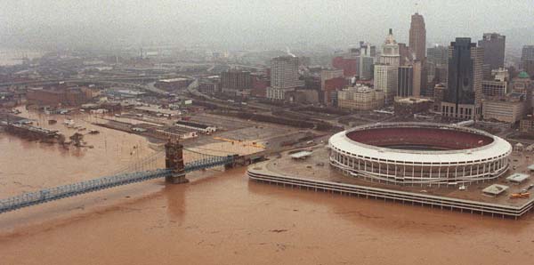 Aeral photo of Cinergy Field during the Great Flood of March 1997.