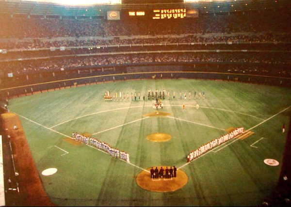 Photo of the baseball diamond from the upper deck before a Cincinnati Reds home game.