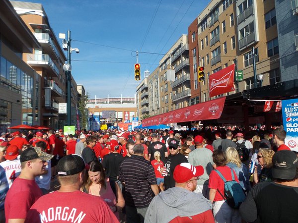 Photo of Cincinnati Reds fans at The Banks outside of Great American Ball Park.
