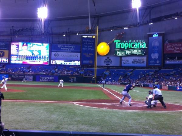 View from the fieldside box seats at Tropicana Field during a Tampa Bay Rays game.