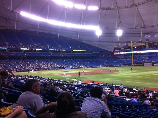 View from the lower box seats at Tropicana Field during a Tampa Bay Rays game.