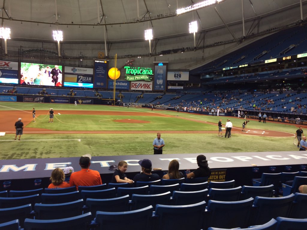 View from the lower infield box seats at Tropicana Field during a Tampa Bay Rays game.