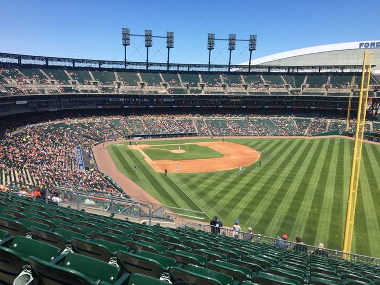 Photo of Comerica Park from the mezzanine seats during a Detroit Tigers game.