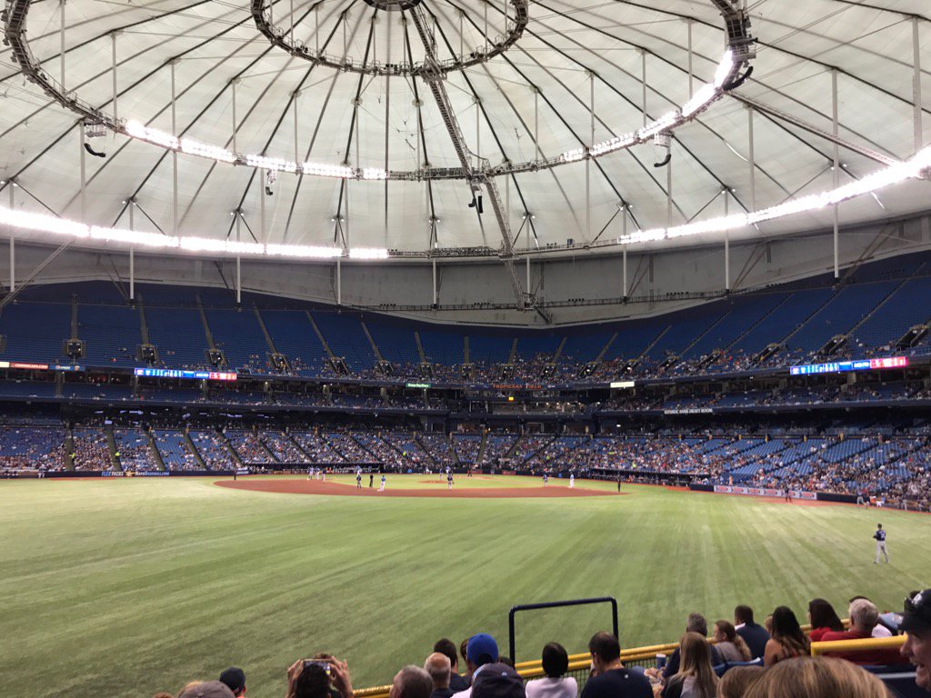 View from the outfield seats at Tropicana Field during a Tampa Bay Rays game.