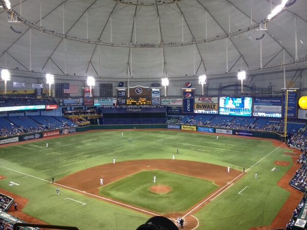 View from the upper level seats at Tropicana Field during a Tampa Bay Rays game.