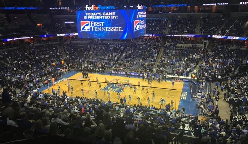View from the Theater Box seats at FedexForum during a Memphis Tigers basketball game.