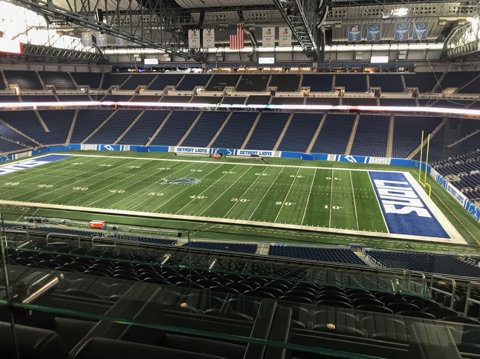 View from loge box seats at Ford Field before a Detroit Lions game.
