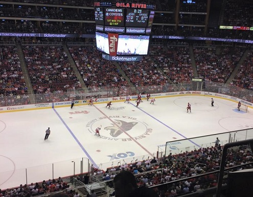 View from the upper level seats at Gila River Arena during an Arizona Coyotes game.