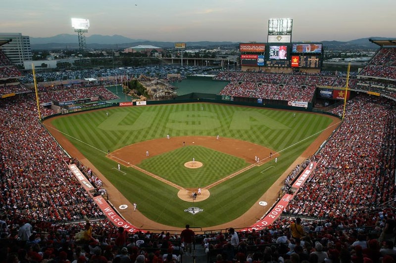 Photo of the playing field at Angel Stadium of Anaheim. Home of the Los Angeles Angels.