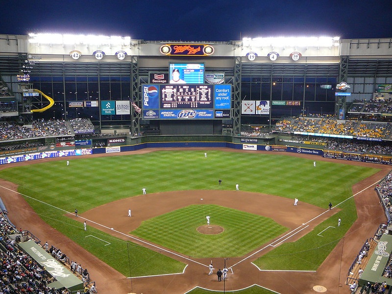 Photo of the playing field at Miller Park. Home of the Milwaukee Brewers.
