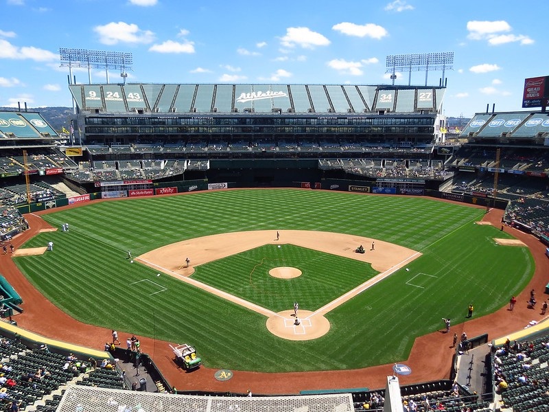 Photo of the playing field at Oakland Coliseum, home of the Oakland Athletics.