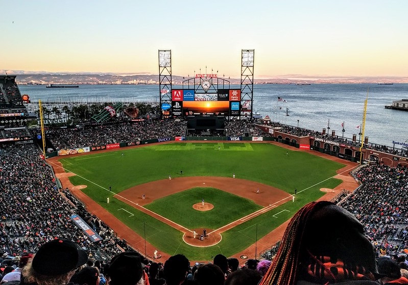 Photo of the playing field at Oracle Park during a San Francisco Giants game.