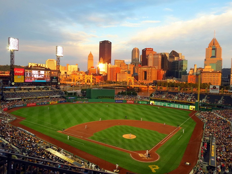 Photo of the playing field at PNC Park during a Pittsburgh Pirates game.