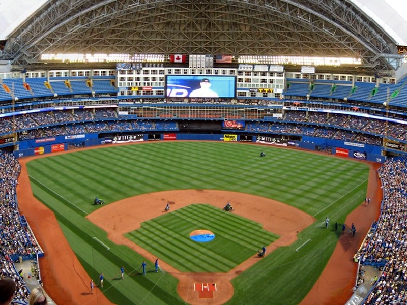 Photo of the playing field at the Rogers Centre, home of the Toronto Blue Jays.