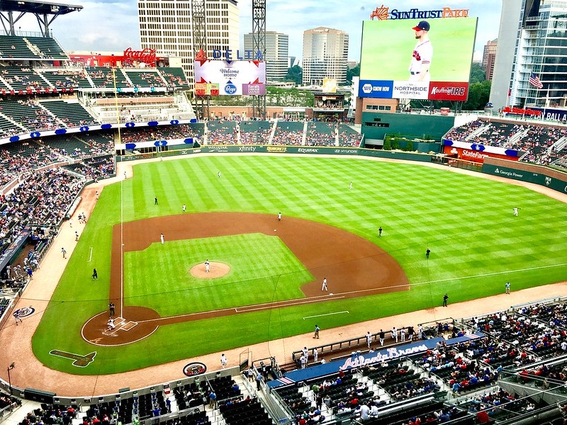 Photo of the playing field at SunTrust Park, home of the Atlanta Braves.