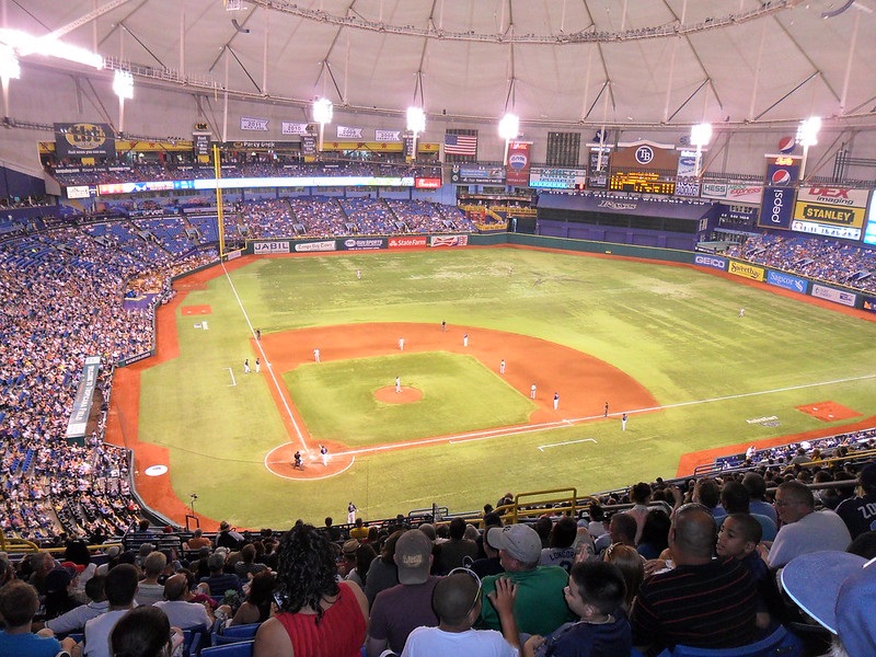 Photo of the playing field at Tropicana Field during a Tampa Bay Rays game.