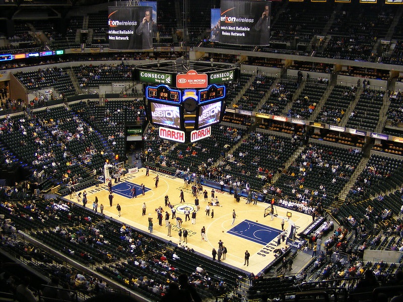 View from the upper level of Bankers Life Fieldhouse during an Indiana Pacers game.
