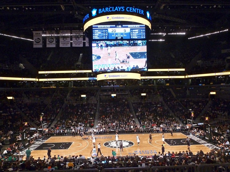 Photo of the basketball court at the Barclays Center during a Brooklyn Nets game.