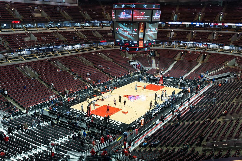 Photo taken from the upper level of the United Center during a Chicago Bulls home game.