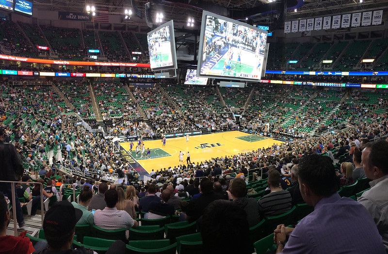 View from the lower level of Vivint Smart Home Arena during a Utah Jazz game.