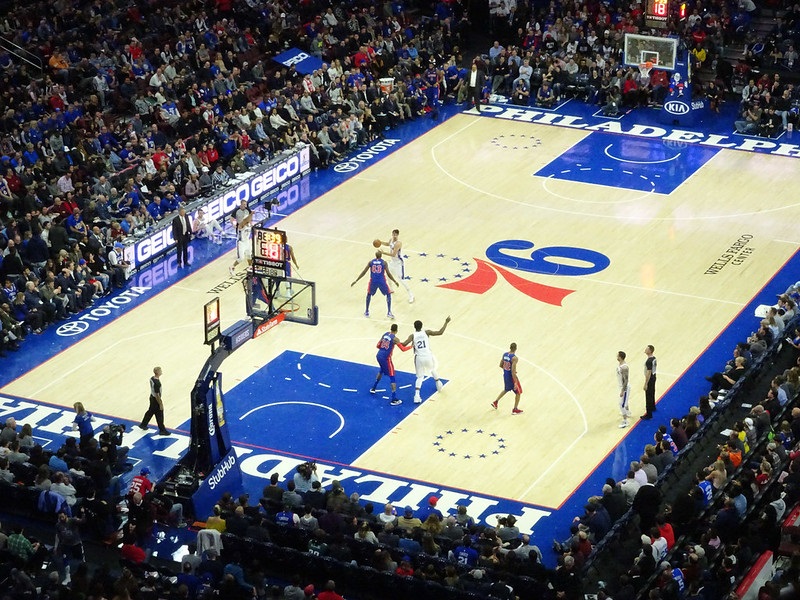 Photo taken from the upper level of the Wells Fargo Center during a Philadelphia 76ers home game.