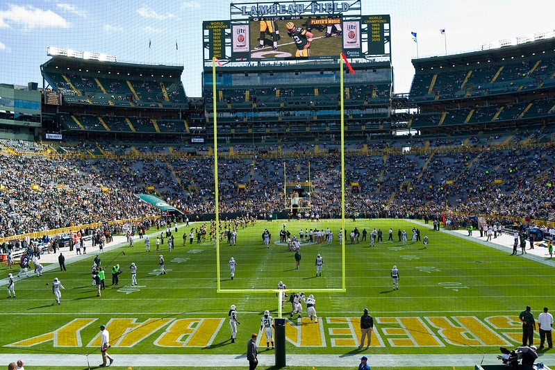 Photo of the playing field at Lambeau Field. Home of the Green Bay Packers.