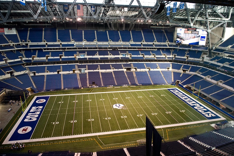 Photo of the playing field at Lucas Oil Stadium, home of the Indianapolis Colts.