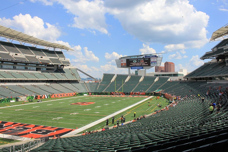 View of the playing field at Paul Brown Stadium, home of the Cincinnati Bengals.