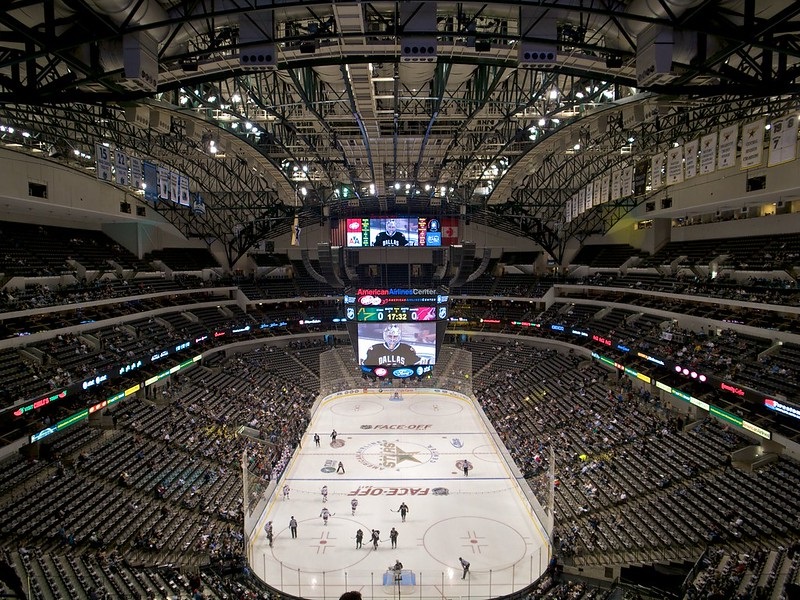 Photo of the ice at the American Airlines Center during a Dallas Stars game.