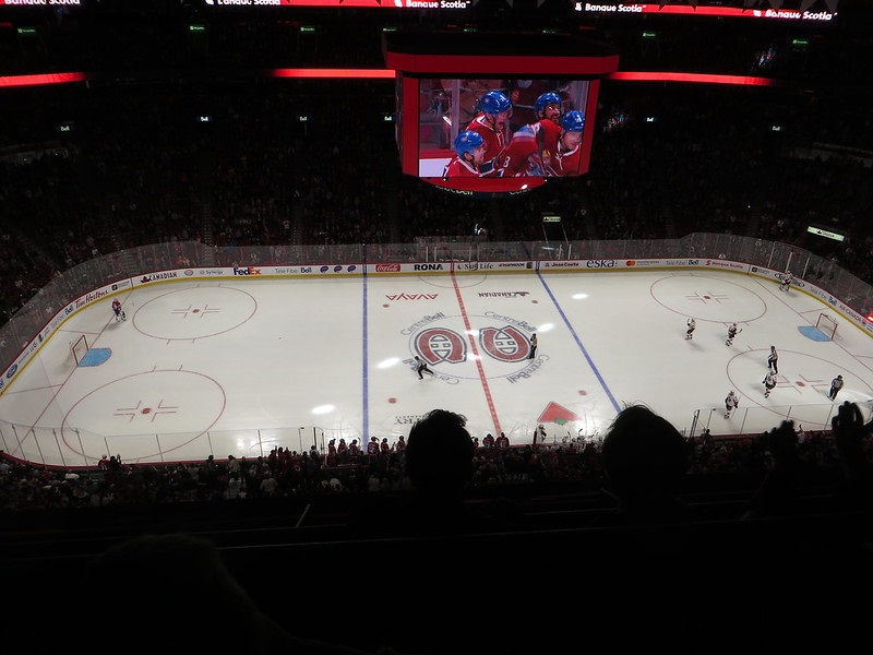 Photo of the ice at the Bell Centre during a Montreal Canadiens game.